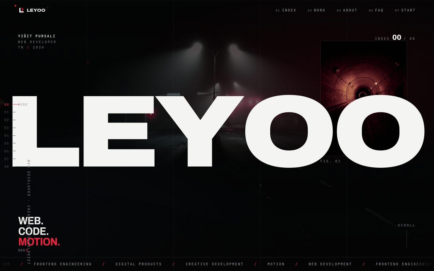 The Leyoo home page: the wordmark set edge to edge over a dark night field