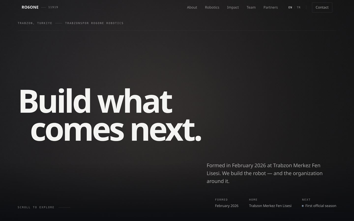 RO6ONE home page: the headline “Build what comes next.” over a dark photographic field