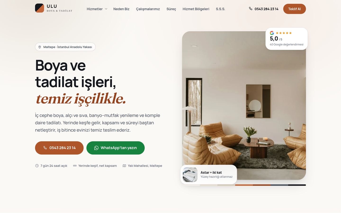 Ulu Boya home page: a warm interior photograph beside the headline “Boya ve tadilat işleri, temiz işçilikle.”