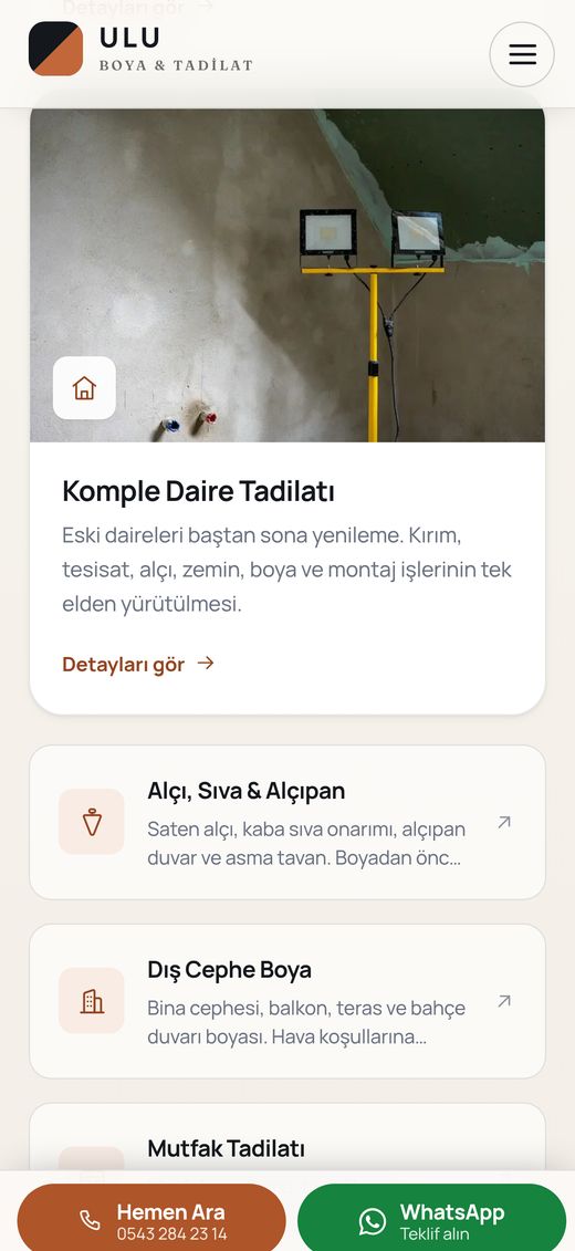 Ulu Boya on a phone: service cards above a fixed call and WhatsApp bar